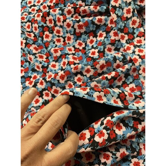 Short Mini Dress XL Daisy Flower Power Pockets Belt Red Blue V Neck Popsugar - Picture 7 of 10